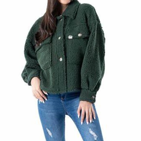 Lee® Women's Long Sleeve Cropped Sherpa Shirt Jacket Size XL Color Thyme - Picture 1 of 3